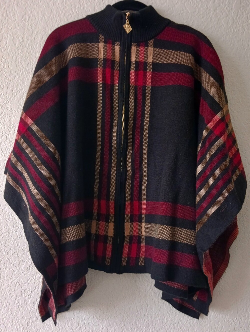 Anne Klein Zip-Front Plaid Poncho in Black, Red & Tan